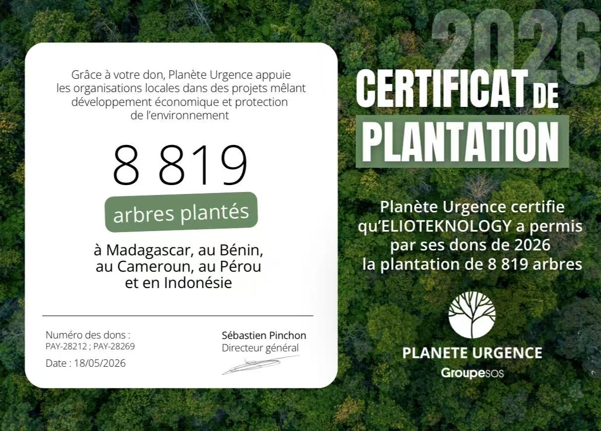 On the whole year of 2025, Elioteknology planted 8,819 trees in 5 different countries through Planète Urgence.